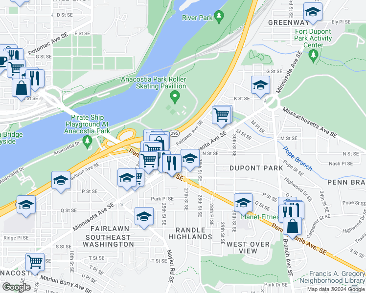 map of restaurants, bars, coffee shops, grocery stores, and more near 1435 N Street Southeast in Washington