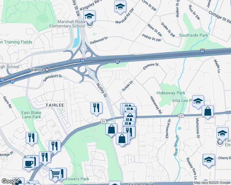 map of restaurants, bars, coffee shops, grocery stores, and more near 2902 Beau Lane in Fairfax