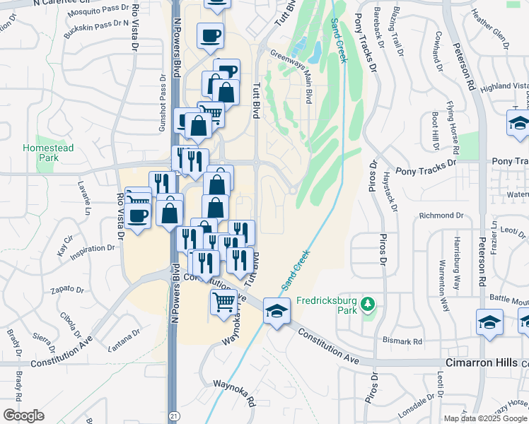 map of restaurants, bars, coffee shops, grocery stores, and more near 3525 Tutt Boulevard in Colorado Springs