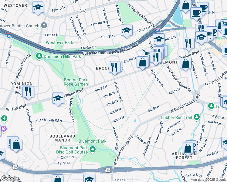 map of restaurants, bars, coffee shops, grocery stores, and more near 5611 8th Street North in Arlington