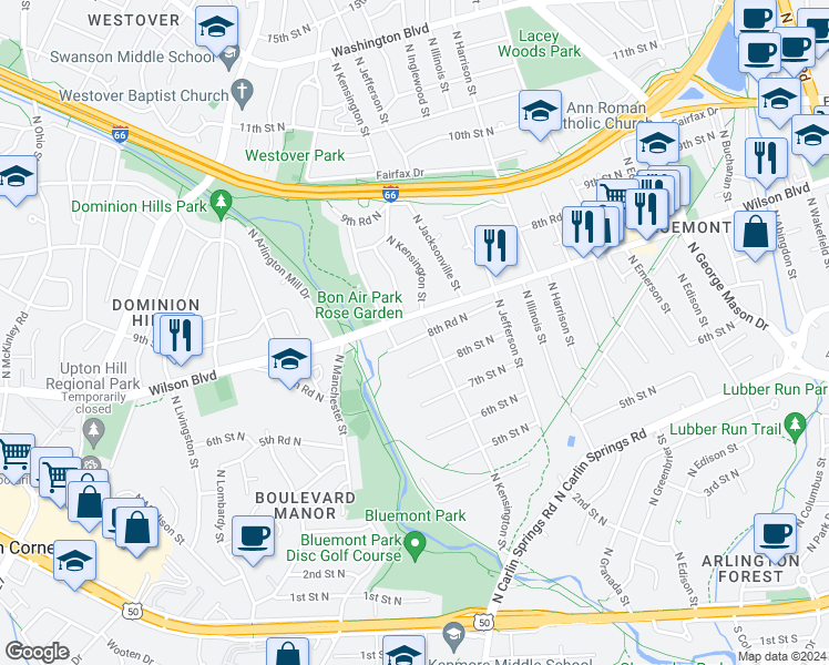 map of restaurants, bars, coffee shops, grocery stores, and more near 5713 8th Road North in Arlington