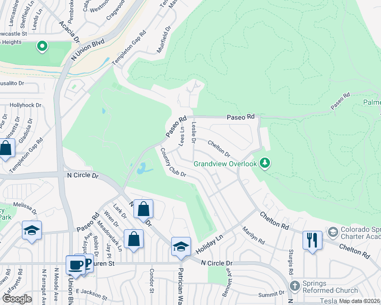 map of restaurants, bars, coffee shops, grocery stores, and more near 3020 Leslie Drive in Colorado Springs