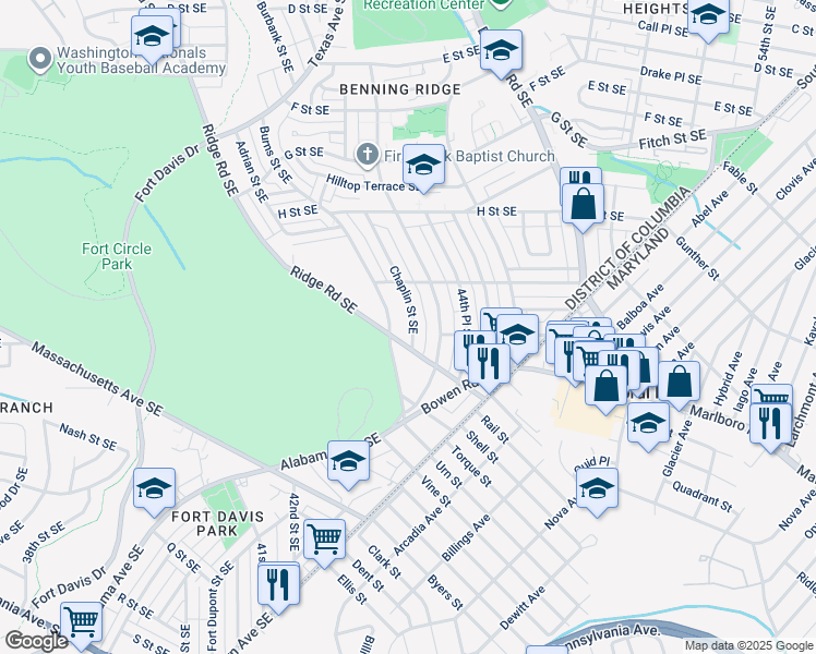 map of restaurants, bars, coffee shops, grocery stores, and more near 1235 Chaplin Street Southeast in Washington