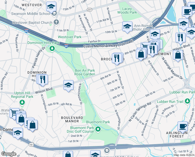 map of restaurants, bars, coffee shops, grocery stores, and more near 5713 8th Road North in Arlington