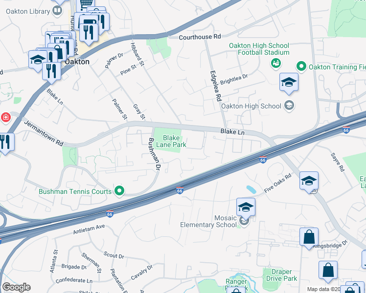 map of restaurants, bars, coffee shops, grocery stores, and more near 9967 Capperton Drive in Oakton
