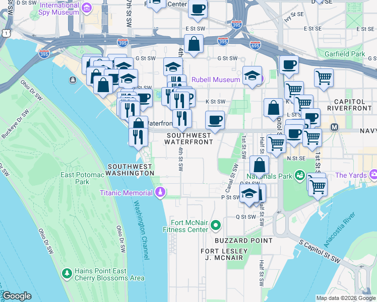 map of restaurants, bars, coffee shops, grocery stores, and more near 101 Independence Avenue Southeast in Washington