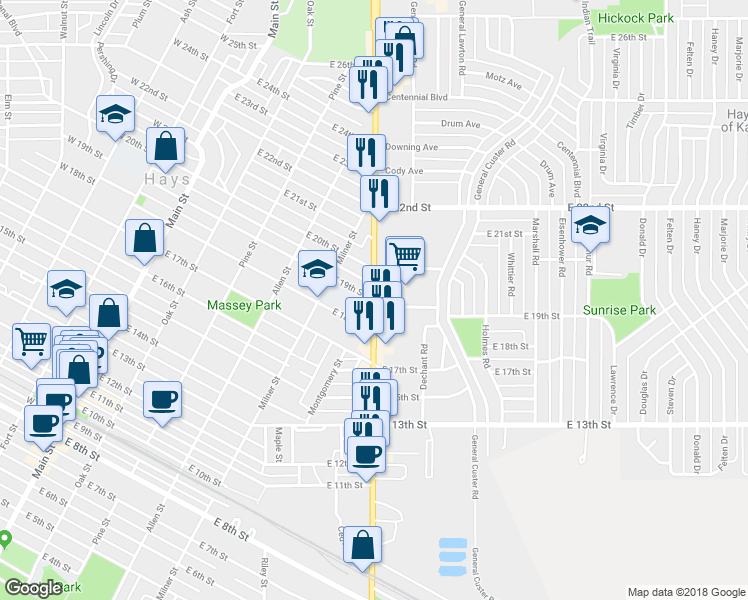 map of restaurants, bars, coffee shops, grocery stores, and more near 1898 Vine Street in Hays