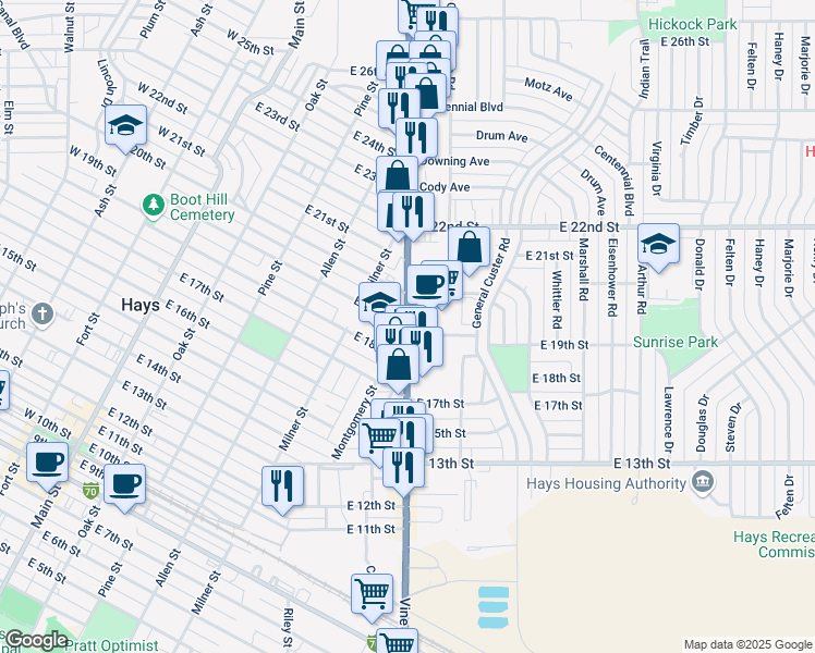 map of restaurants, bars, coffee shops, grocery stores, and more near East 19th Street in Hays