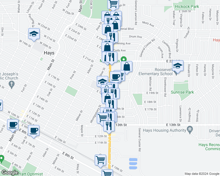 map of restaurants, bars, coffee shops, grocery stores, and more near East 19th Street in Hays