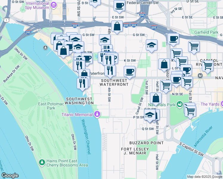 map of restaurants, bars, coffee shops, grocery stores, and more near 1250 4th Street Southwest in Washington