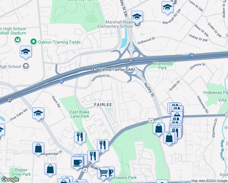 map of restaurants, bars, coffee shops, grocery stores, and more near Bleeker Street in Fairfax