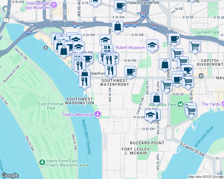 map of restaurants, bars, coffee shops, grocery stores, and more near 1250 4th Street Southwest in Washington