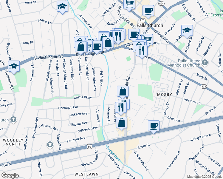 map of restaurants, bars, coffee shops, grocery stores, and more near 2873 Great Oak Court in Falls Church