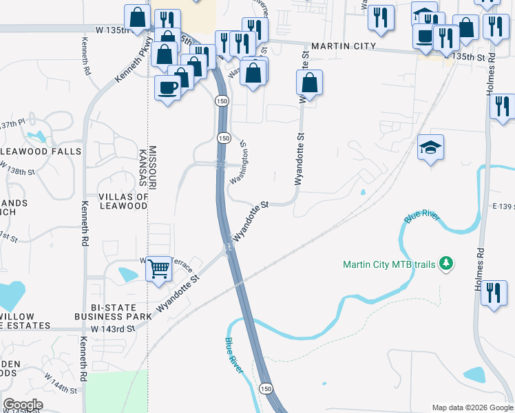 map of restaurants, bars, coffee shops, grocery stores, and more near Wyandotte Street in Kansas City