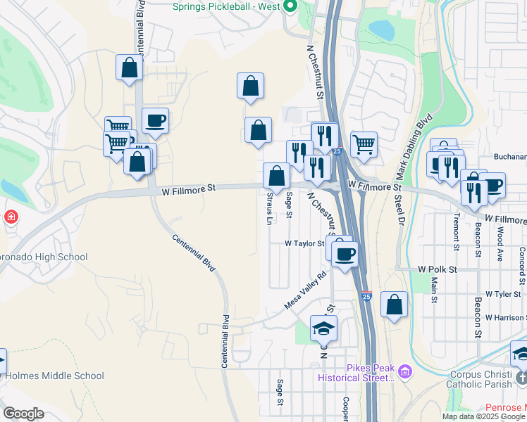 map of restaurants, bars, coffee shops, grocery stores, and more near 2920 Straus Lane in Colorado Springs