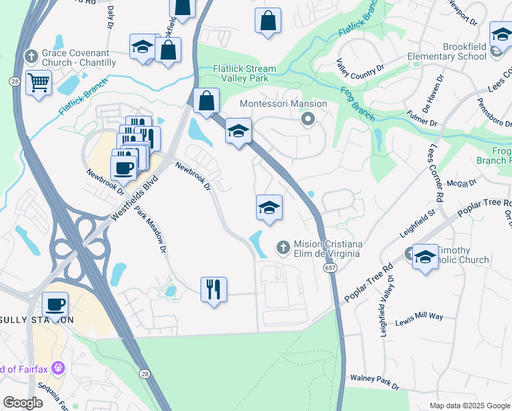 map of restaurants, bars, coffee shops, grocery stores, and more near 4697 Deerwatch Drive in Chantilly