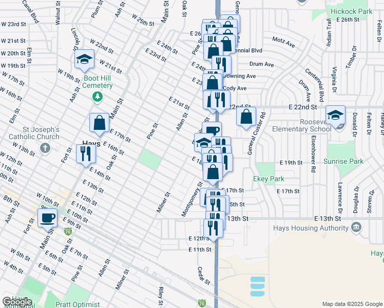 map of restaurants, bars, coffee shops, grocery stores, and more near 1800 Milner Street in Hays