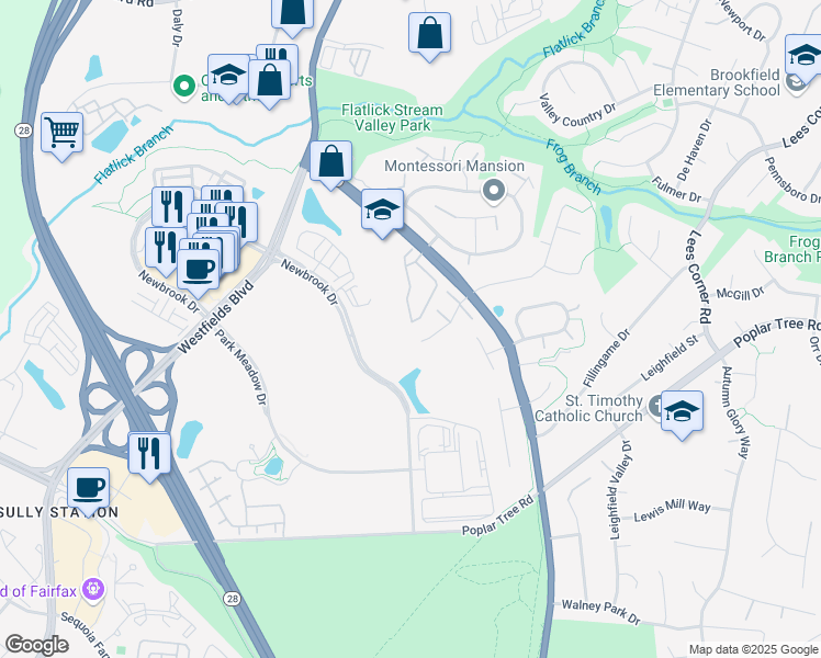 map of restaurants, bars, coffee shops, grocery stores, and more near 4697 Deerwatch Drive in Chantilly