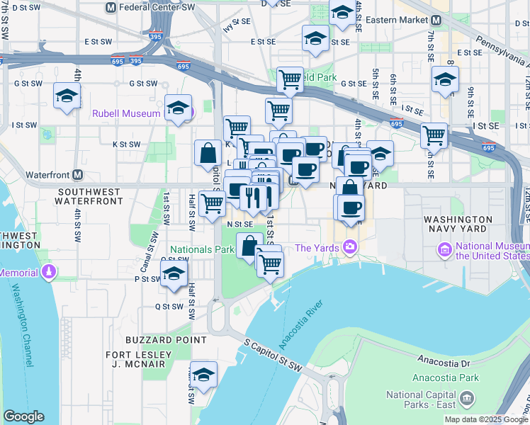 map of restaurants, bars, coffee shops, grocery stores, and more near 1263 First Street Southeast in Washington