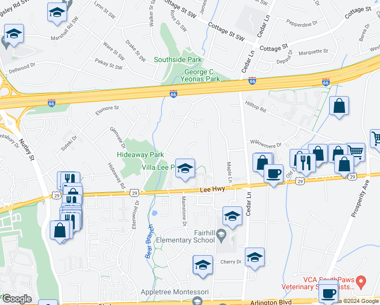 map of restaurants, bars, coffee shops, grocery stores, and more near 2849 Subtle Lane in Fairfax