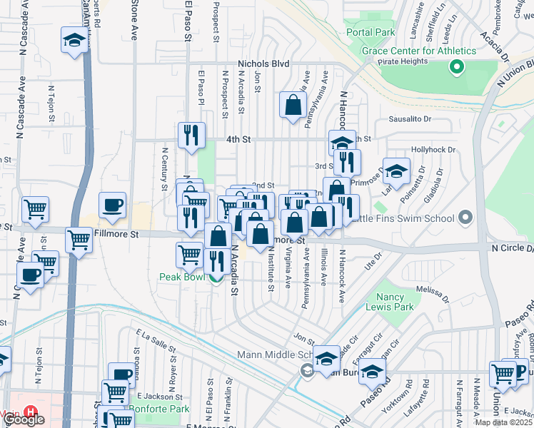 map of restaurants, bars, coffee shops, grocery stores, and more near 917 Carlisle Street in Colorado Springs