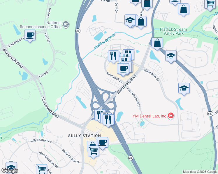 map of restaurants, bars, coffee shops, grocery stores, and more near 14400 Glen Manor Drive in Chantilly