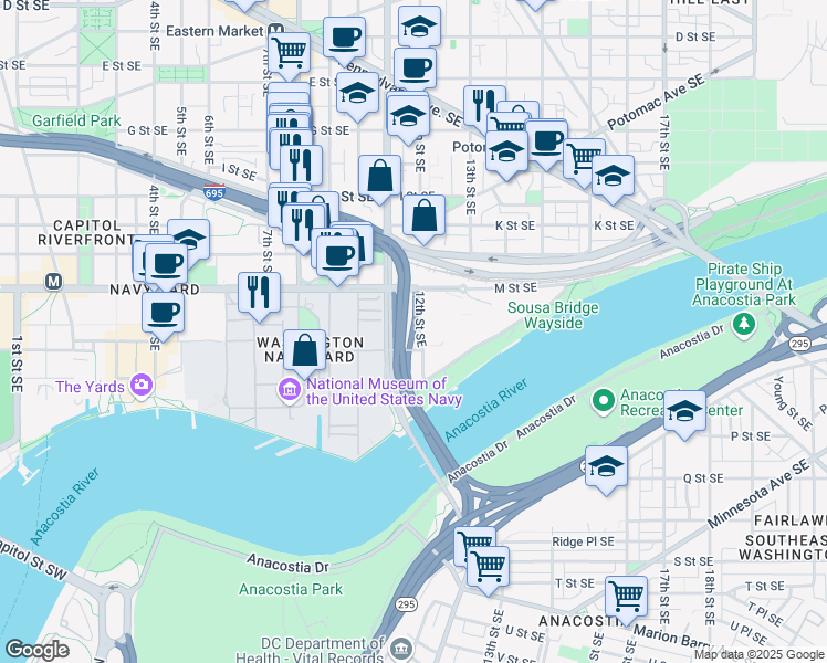 map of restaurants, bars, coffee shops, grocery stores, and more near 1235 12th St SE in Washington