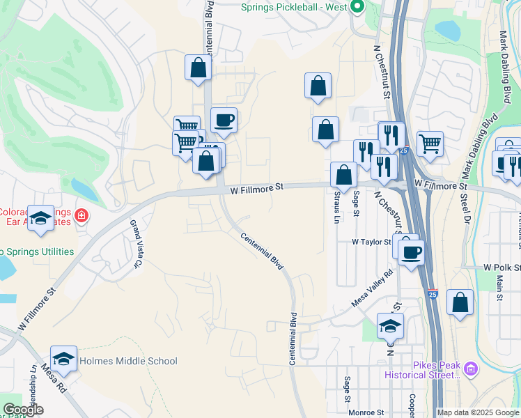 map of restaurants, bars, coffee shops, grocery stores, and more near 3141 Centennial Boulevard in Colorado Springs