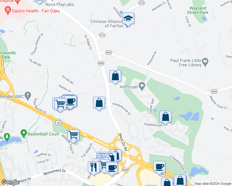 map of restaurants, bars, coffee shops, grocery stores, and more near 12111 Greenway Court in Fairfax