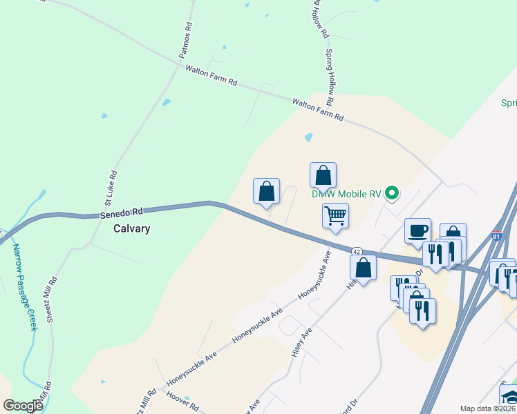 map of restaurants, bars, coffee shops, grocery stores, and more near 23957 Senedo Road in Woodstock