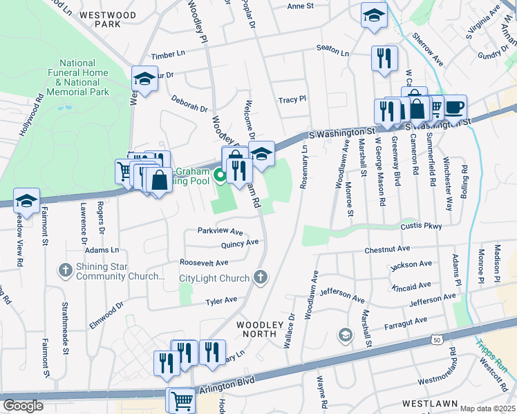 map of restaurants, bars, coffee shops, grocery stores, and more near 2813 Graham Road in Falls Church