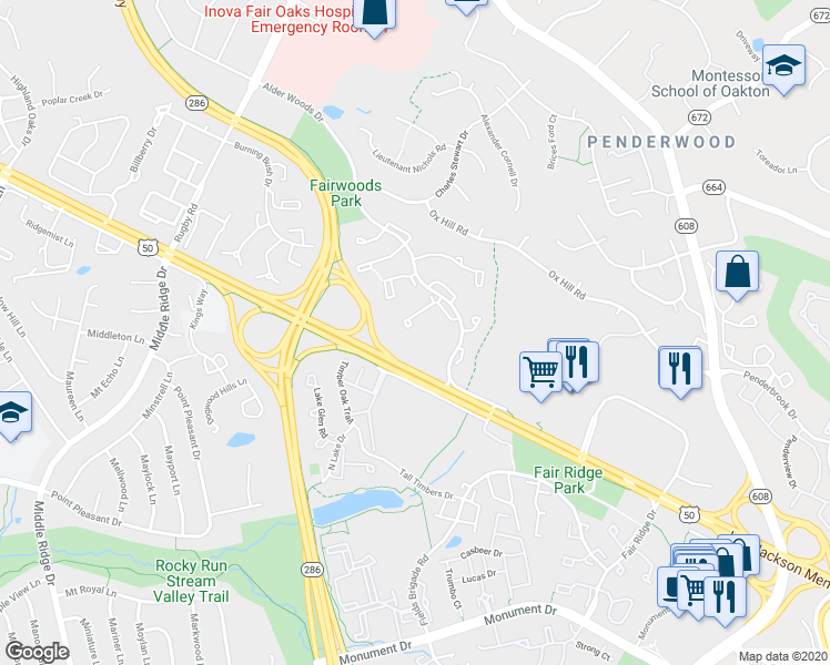 map of restaurants, bars, coffee shops, grocery stores, and more near 3959 Collis Oak Court in Fairfax