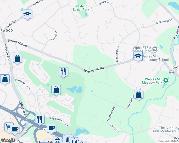 map of restaurants, bars, coffee shops, grocery stores, and more near Waples Mill Road in Oakton