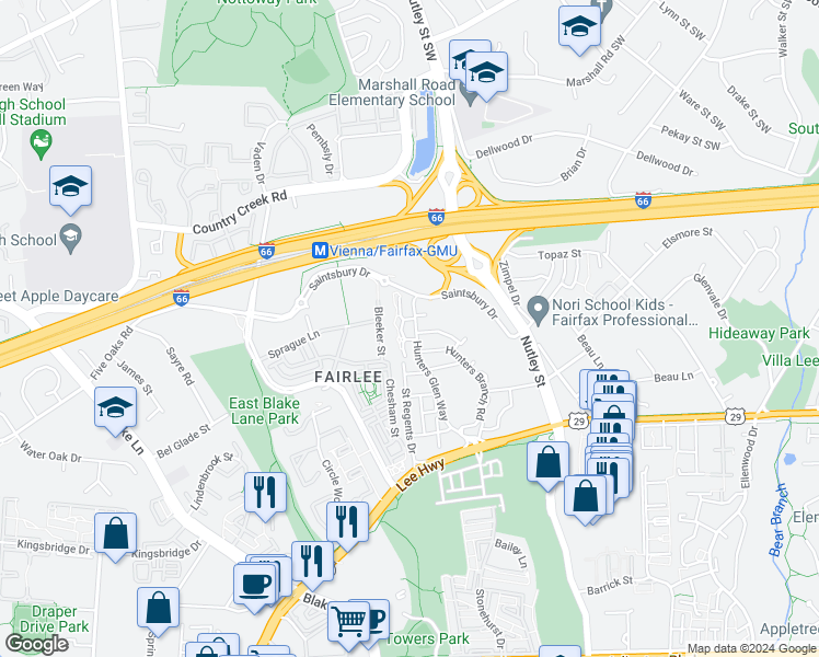 map of restaurants, bars, coffee shops, grocery stores, and more near 2921 Deer Hollow Way in Fairfax