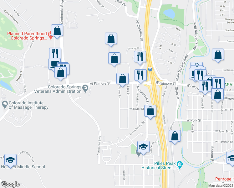 map of restaurants, bars, coffee shops, grocery stores, and more near 2925 Straus Lane in Colorado Springs