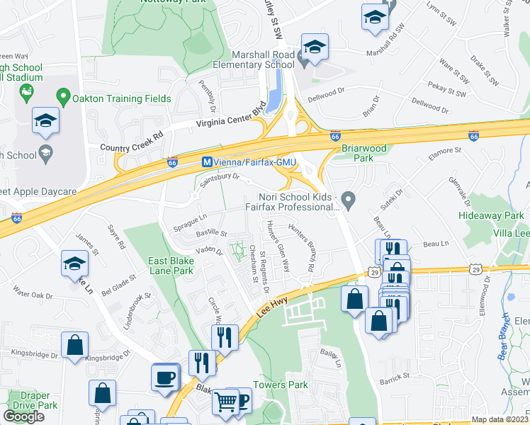 map of restaurants, bars, coffee shops, grocery stores, and more near 2921 Deer Hollow Way in Fairfax