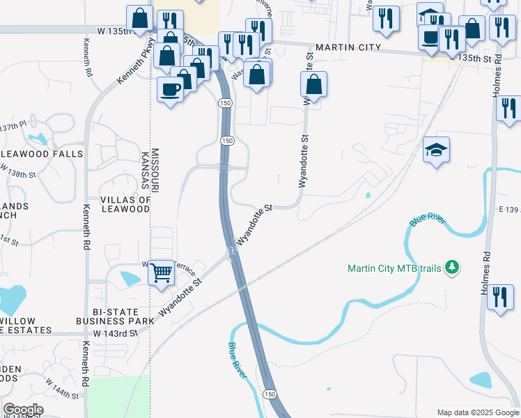 map of restaurants, bars, coffee shops, grocery stores, and more near 13868-13900 Wyandotte St in Kansas City