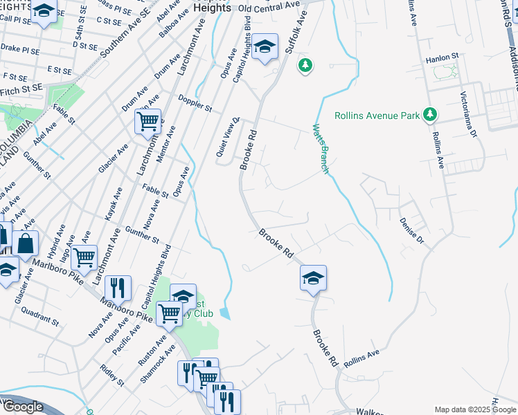 map of restaurants, bars, coffee shops, grocery stores, and more near 5402 Vergo Road in Capitol Heights