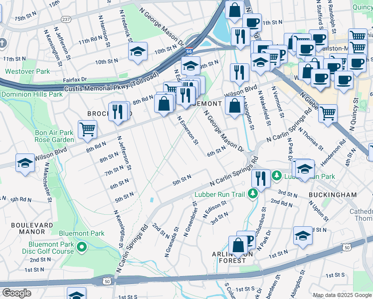 map of restaurants, bars, coffee shops, grocery stores, and more near 700 North Frederick Street in Arlington