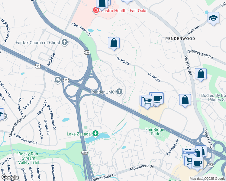 map of restaurants, bars, coffee shops, grocery stores, and more near 3959 Collis Oak Court in Fairfax