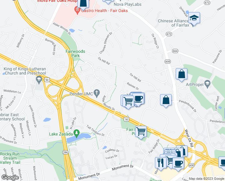 map of restaurants, bars, coffee shops, grocery stores, and more near 12500 Fanleaf Court in Fairfax