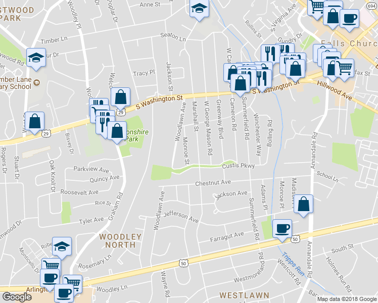 map of restaurants, bars, coffee shops, grocery stores, and more near 2839 Monroe Street in Falls Church