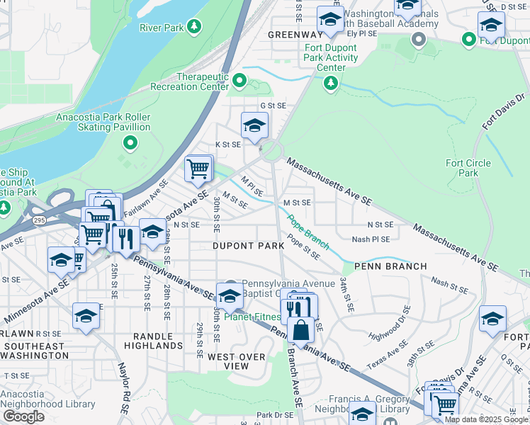 map of restaurants, bars, coffee shops, grocery stores, and more near 1212 Anacostia Road Southeast in Washington