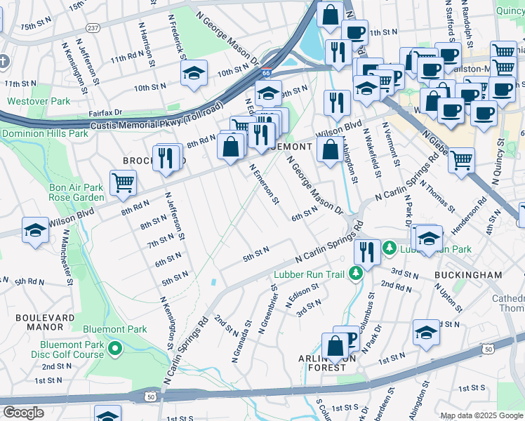 map of restaurants, bars, coffee shops, grocery stores, and more near 700 North Frederick Street in Arlington