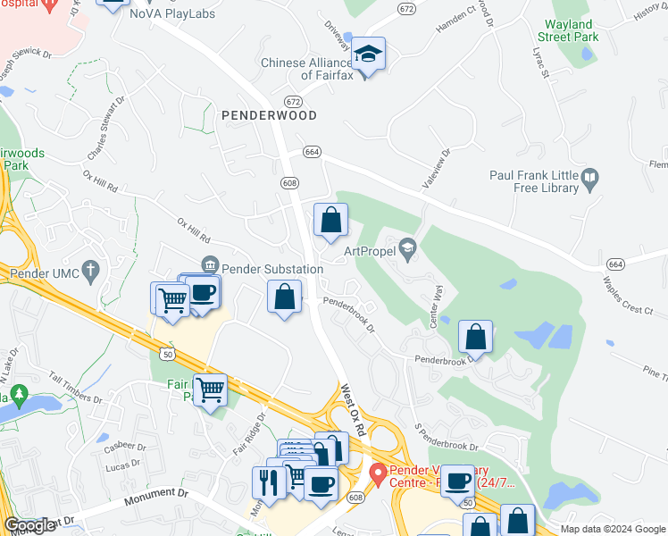 map of restaurants, bars, coffee shops, grocery stores, and more near 12111 Greenway Court in Fairfax