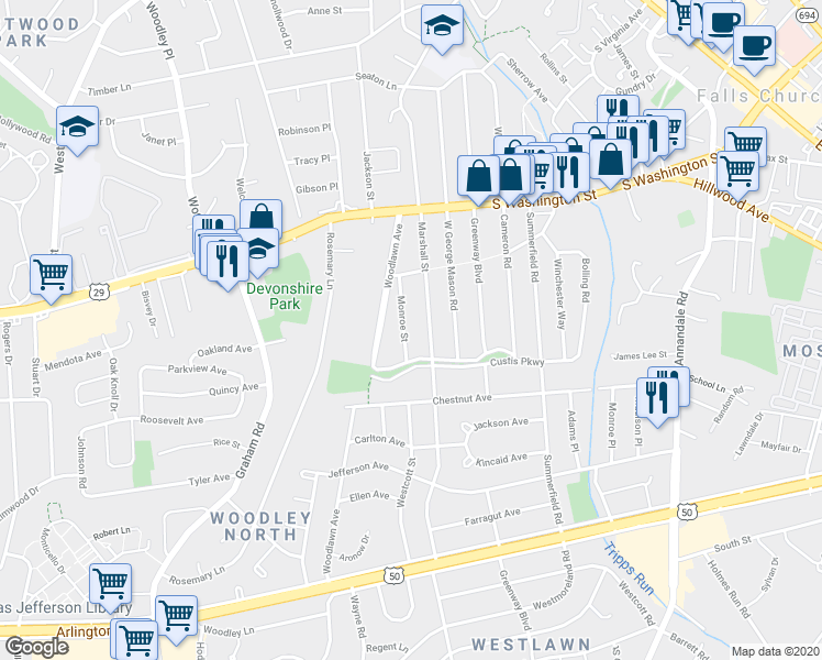 map of restaurants, bars, coffee shops, grocery stores, and more near 2839 Monroe Street in Falls Church