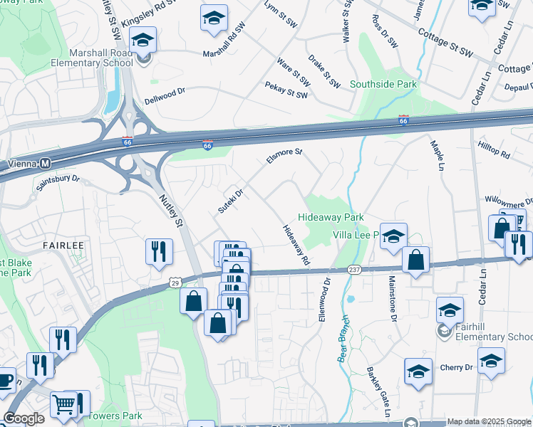 map of restaurants, bars, coffee shops, grocery stores, and more near 2900 Hideaway Road in Fairfax