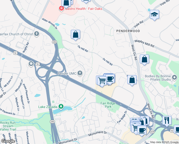 map of restaurants, bars, coffee shops, grocery stores, and more near 12500 Fanleaf Court in Fairfax
