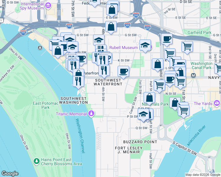map of restaurants, bars, coffee shops, grocery stores, and more near 101 Independence Avenue Southeast in Washington