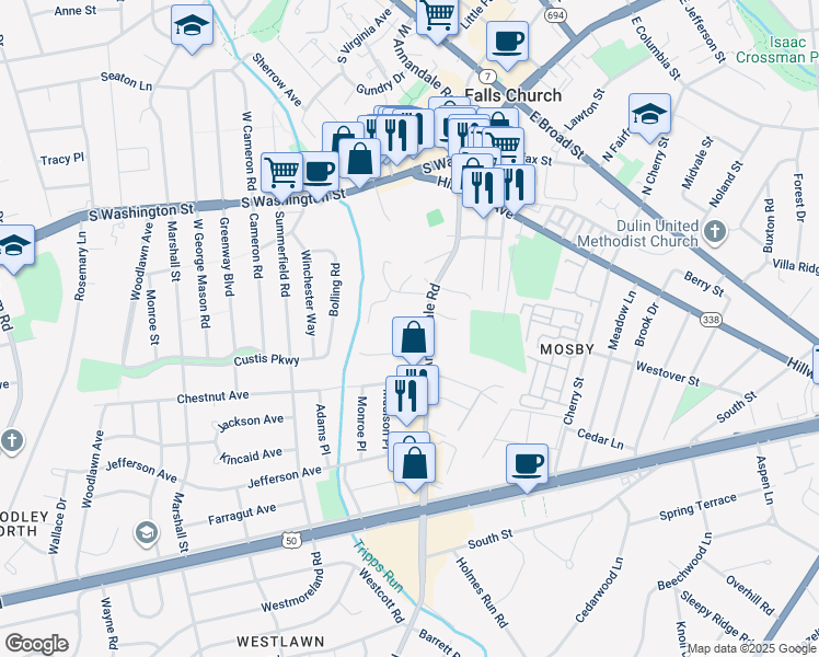 map of restaurants, bars, coffee shops, grocery stores, and more near 2842 Annandale Road in Falls Church